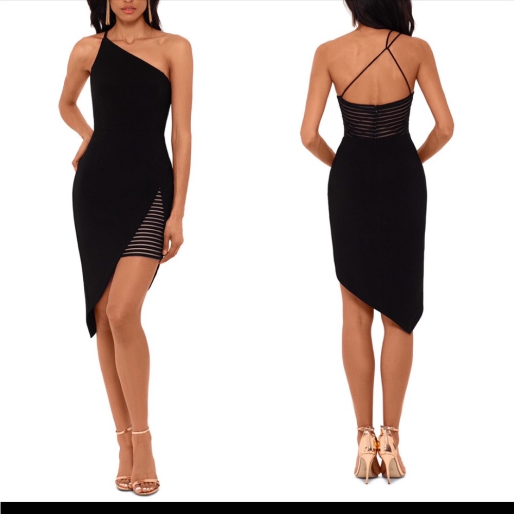 XSCAPE Asymmetrical One-Shoulder Dress BLACK